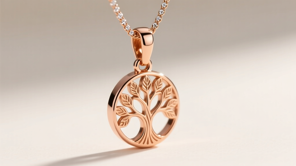 Macro shot of a 14k rose gold tree of life pendant bail on a 1.2mm diamond-cut cable chain, showing the secure lobster clasp detail.