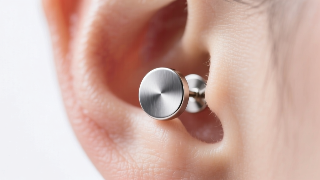 Macro view of a matte 4mm titanium stud earring on an earlobe against a white backdrop, meeting biometric passport photo guideline