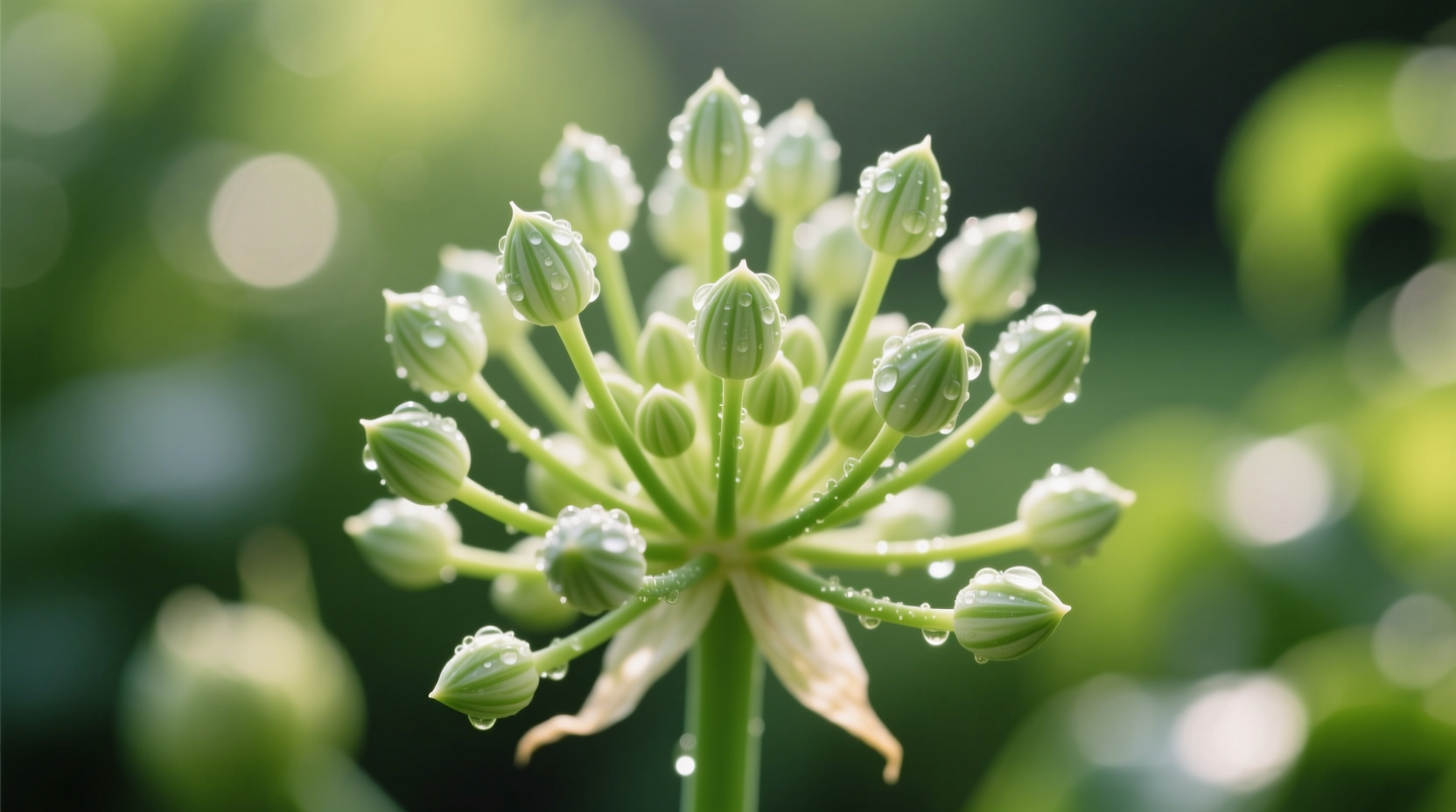 Close-up of garlic bulbils in flower scape