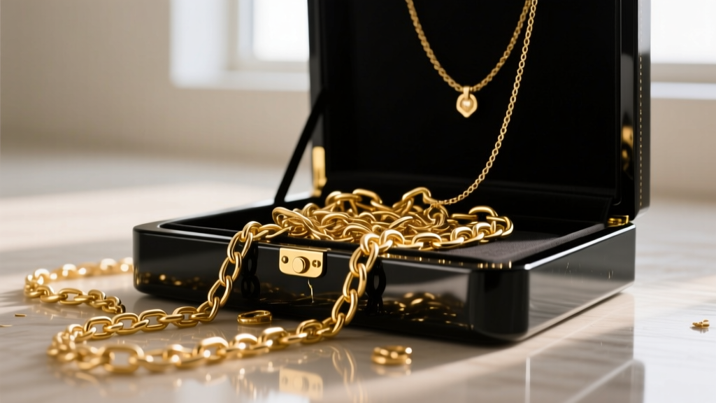 Tangled gold chain on a jewelry box floor, illustrating the failure of short necklace drops and missing interior slip clasps
