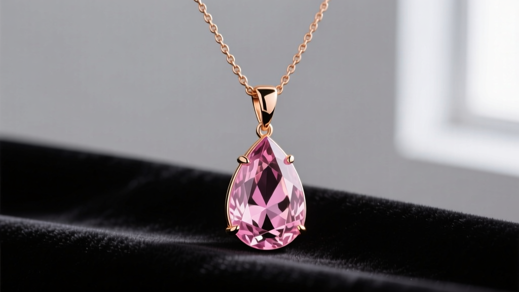 Elegant 14k rose gold pendant featuring a 3-carat pear-shaped morganite pink color stone necklace resting on dark velvet fabric.