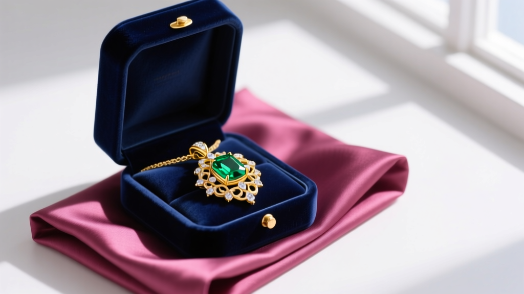 Flat lay of velvet jewelry box containing 18k yellow gold and emerald statement pendant resting on folded magenta silk fabric