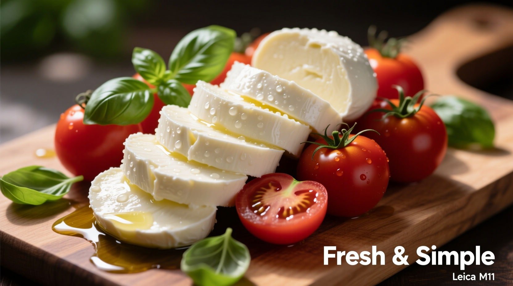 Fresh mozzarella slices with ripe tomatoes and basil