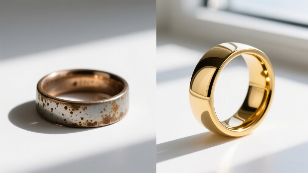 Split-screen comparison showing a tarnished zinc alloy ring next to a pristine 316L stainless steel ring with PVD gold coating