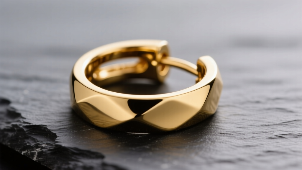 Macro shot of an 18k gold bar hoop earring on dark slate, highlighting a seamless hinge clasp mechanism under soft lighting