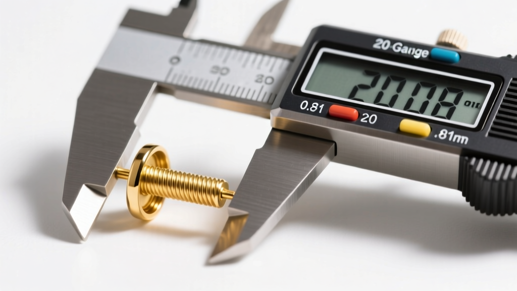Close-up of a digital caliper measuring a 20-gauge 18k yellow gold threaded earring post, displaying a precise 0.81mm width.