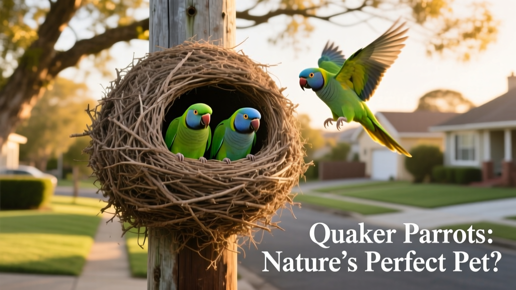 A wild quaker parrot nest built on a utility pole — large, dome-shaped, and made of interwoven twigs