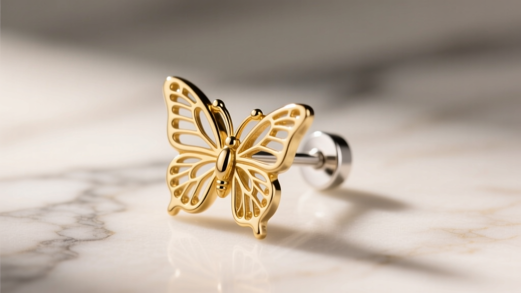 Macro photo of a 14k gold butterfly earring back stuck on an 18-gauge post, soft studio lighting, blurred marble backdrop.
