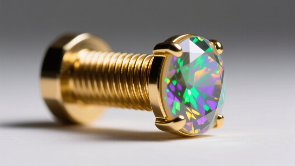 Macro shot of an internally threaded 14k gold post and an opal gemstone end, highlighting the precise threading mechanism.