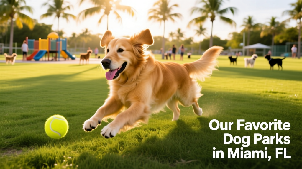 A golden retriever chasing a tennis ball across sunlit grass at a spacious dog park