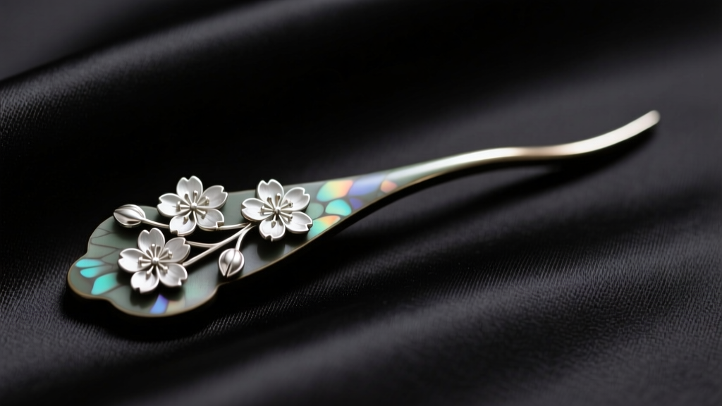Close-up of a Shibuichi Japanese hairpin showing olive-grey patina and silver cherry blossom inlays resting on black silk fabric