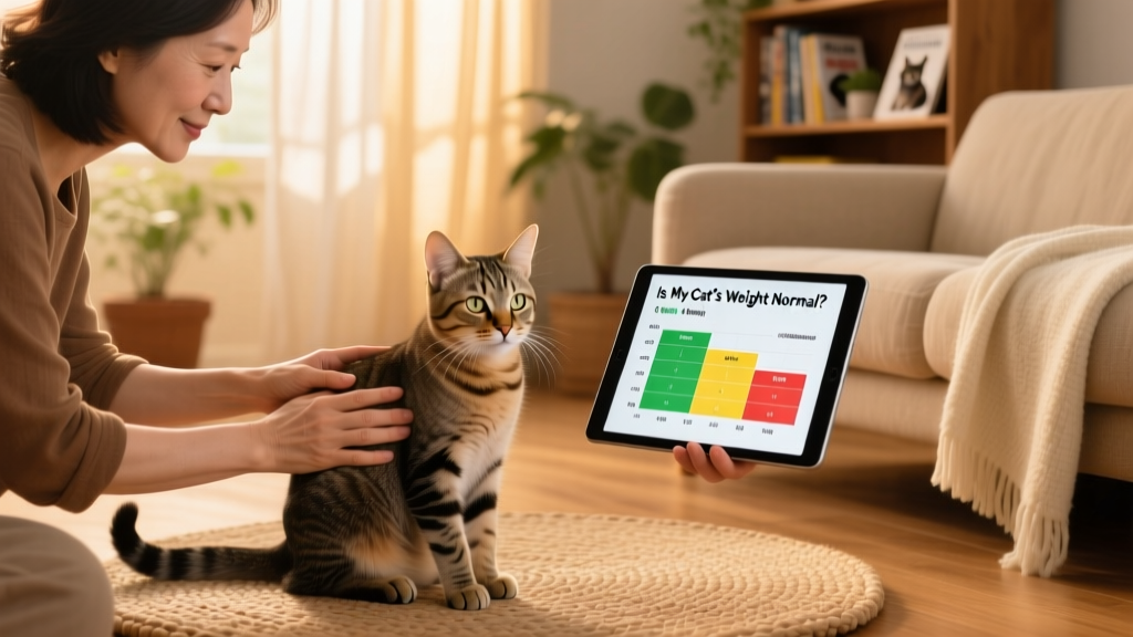 Cat owner gently palpating their cat's ribs and waist while consulting a FurPetVo weight guide on a tablet