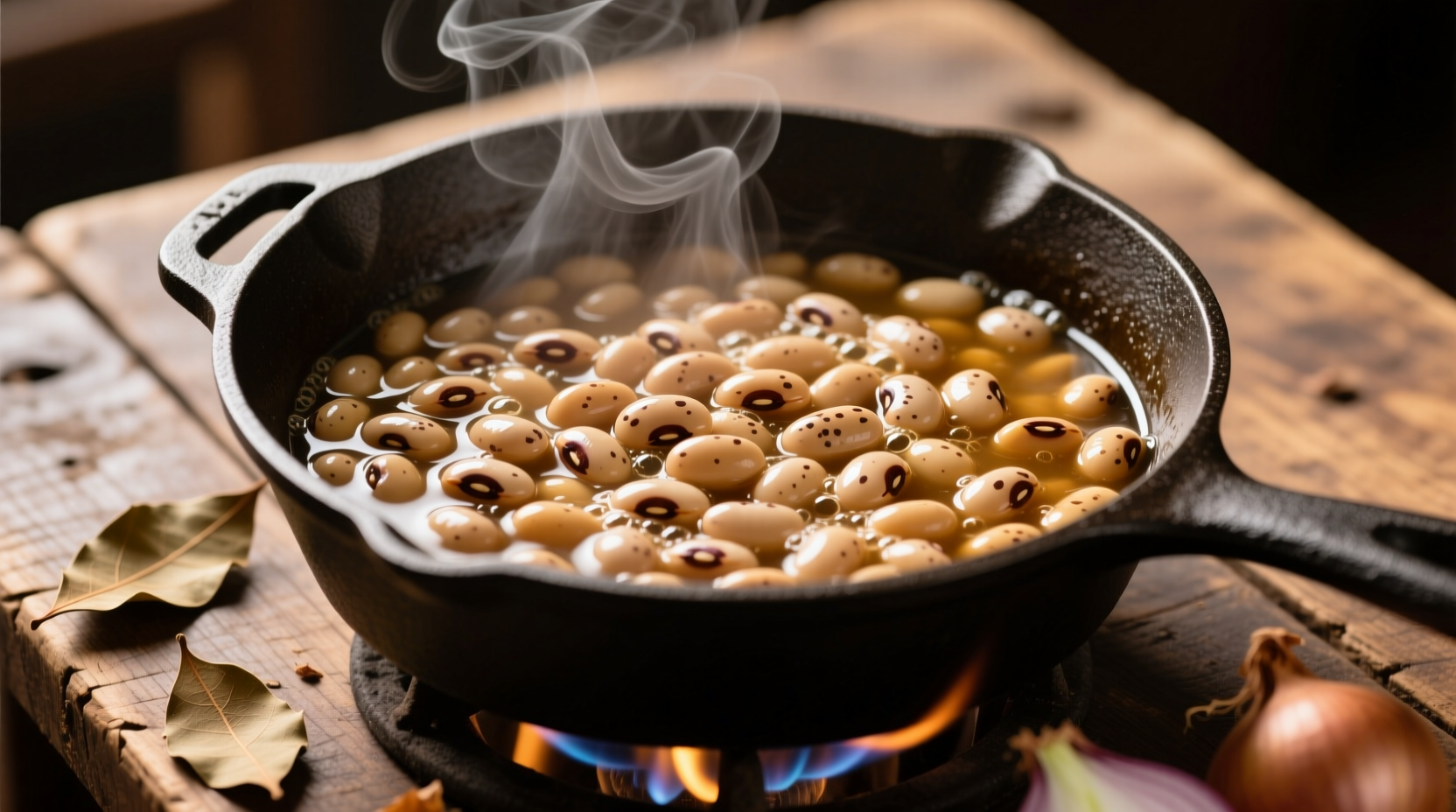Pinto beans simmering in a cast iron pot