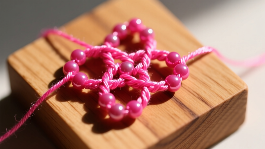 Macro shot of 11/0 Miyuki seed beads interlocked with neon pink nylon thread showing tight crochet tension on a wooden work block