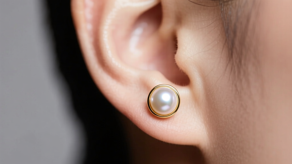 Close-up of an ear wearing a 4mm Akoya pearl pearl stud in a 14k gold bezel, soft natural light, minimalist aesthetic, sharp focus.