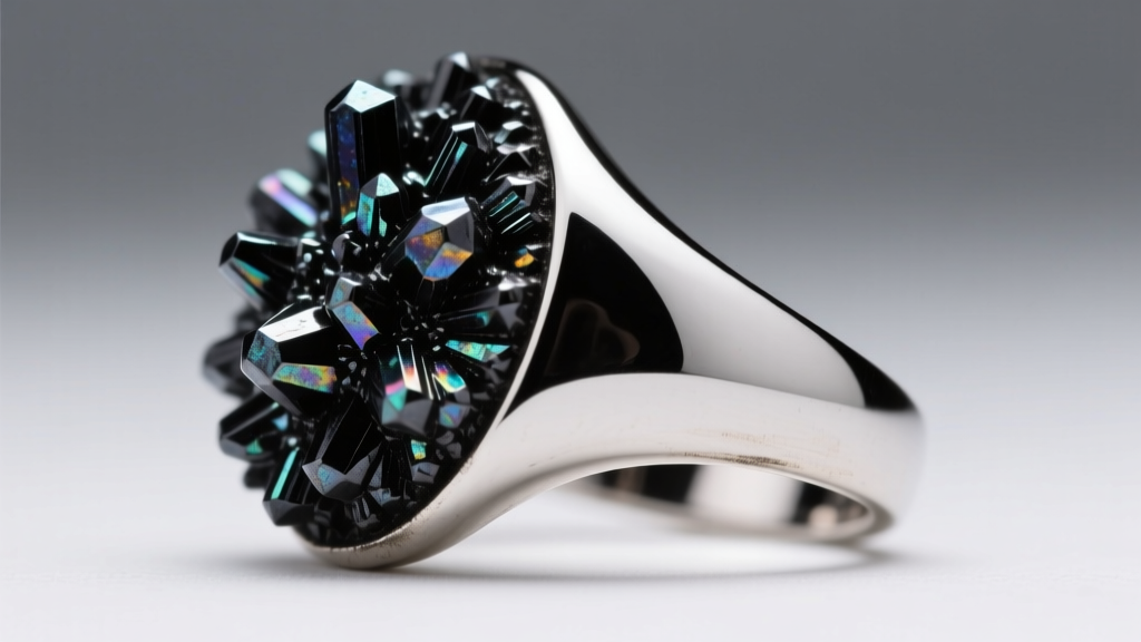 Macro shot of heavily oxidized black silver sulfide on a vintage ring beside pristine silver protected by an anti tarnish strip