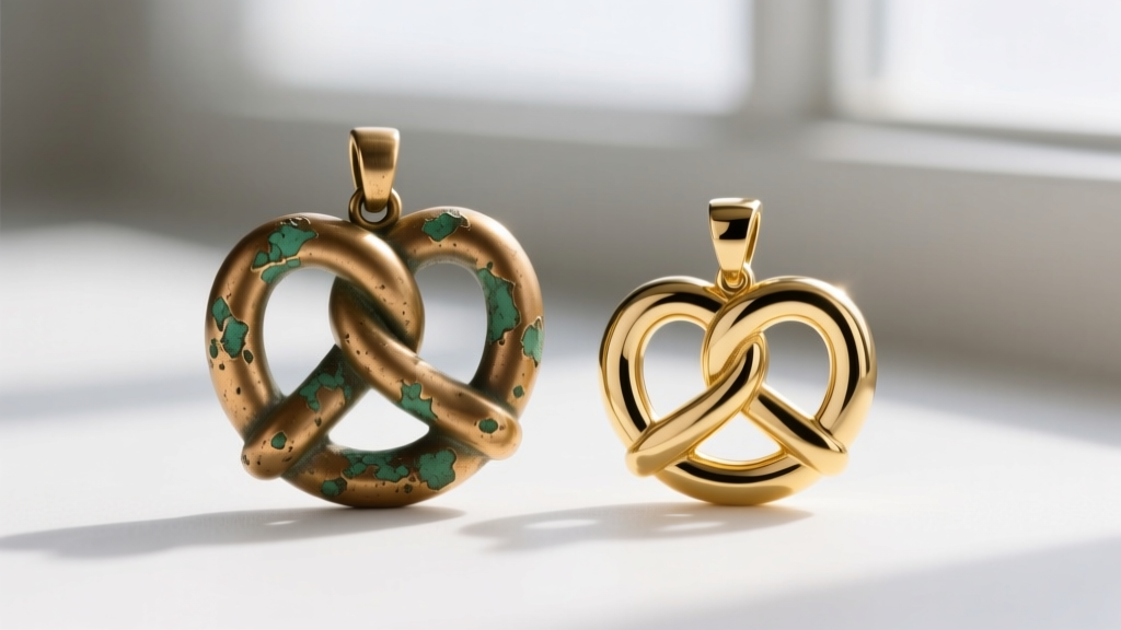 Macro shot comparing a tarnished brass pretzel knot pendant with peeling plating next to a pristine gold vermeil pretzel pendant.
