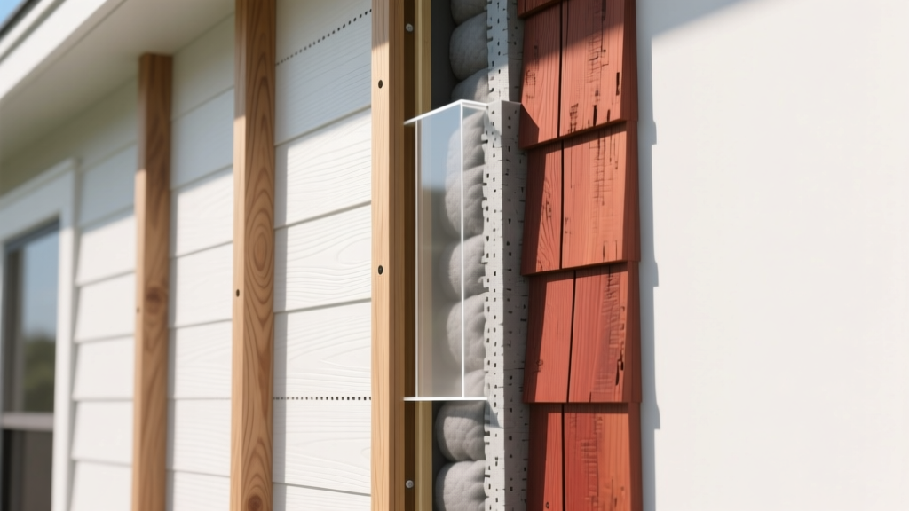 Cross-section 3D render of an exterior wall material build-up showing wood studs, ZIP sheathing, rigid foam insulation, air gap, and cedar siding