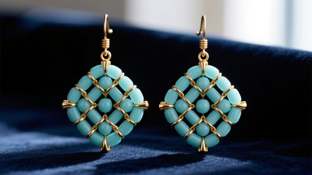 Close-up of right-angle weave beaded earrings patterns with matte turquoise glass beads and brass findings on dark velvet