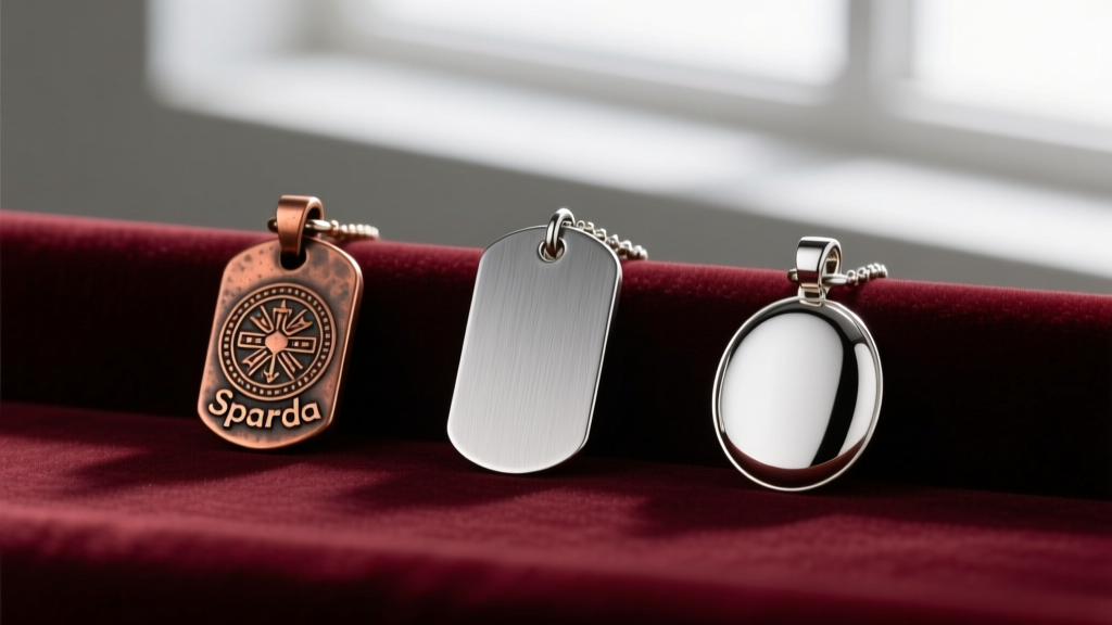 Three replica pendants on velvet: a cast Sparda amulet, a brushed steel dog tag, and a sterling silver Perfect Amulet replica.