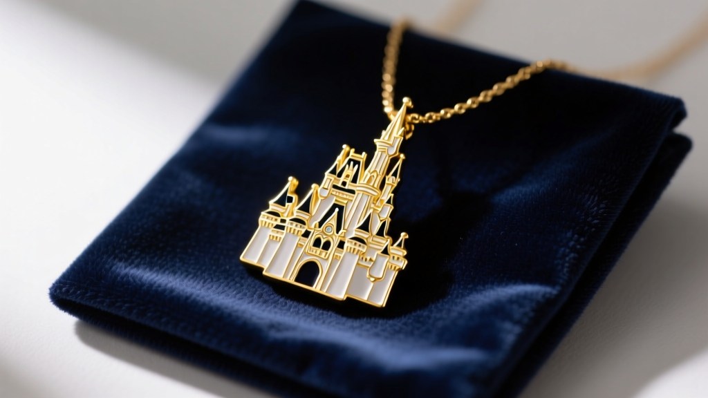 A gold-plated Disney castle enamel pin converted to a necklace pendant resting on dark velvet jewelry cleaning cloth in soft light.