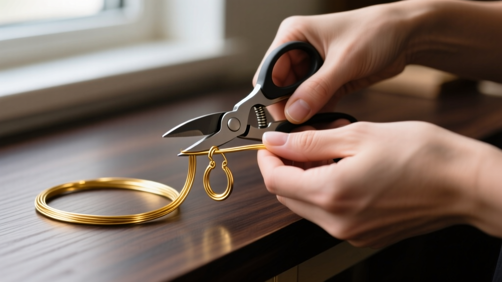 Hands using flush cutters to snip 20-gauge gold wire for diy hoop earrings on a dark wooden jeweler's bench under warm light.