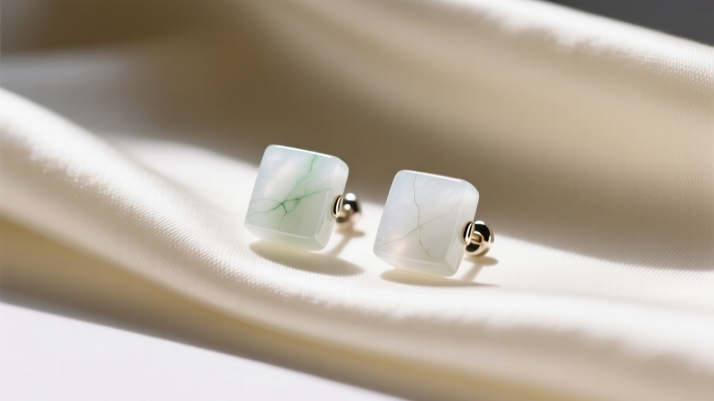 White jade stud earrings on cream silk, lit by soft natural light to reveal the stone's milky, translucent luster.