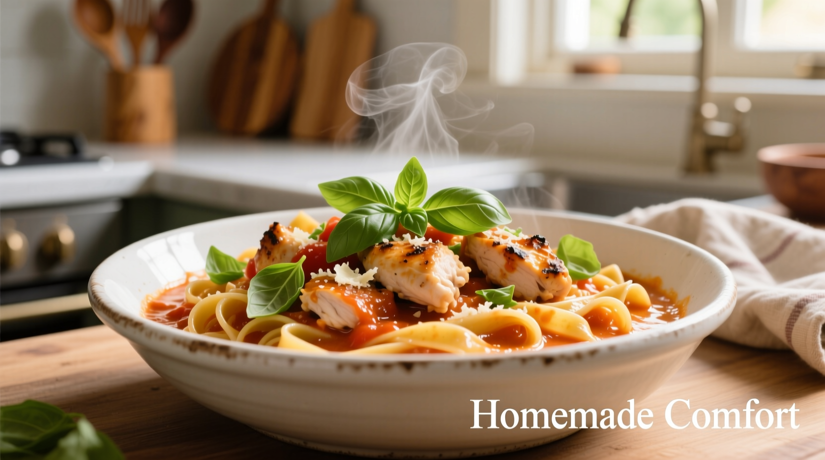 Creamy chicken tomato pasta in white bowl with fresh basil