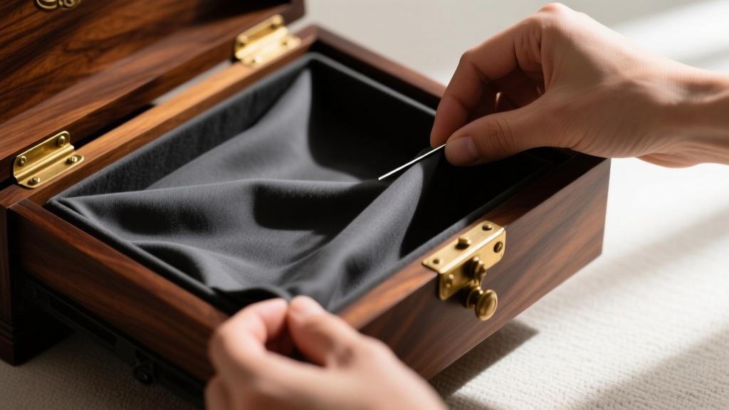 Hands carefully lining a restored antique jewelry box drawer with charcoal-colored anti-tarnish fabric over dark walnut wood.