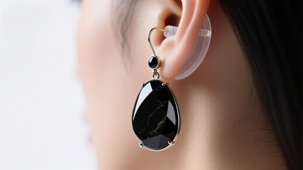 Close-up of heavy black stone drop earring secured with clear silicone ear support back, demonstrating prevention of lobe sagging.
