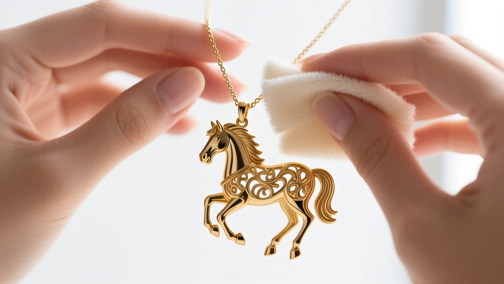 Hands using a microfiber polishing cloth to gently buff intricate mane details of a gold vermeil custom horse pendant necklace.