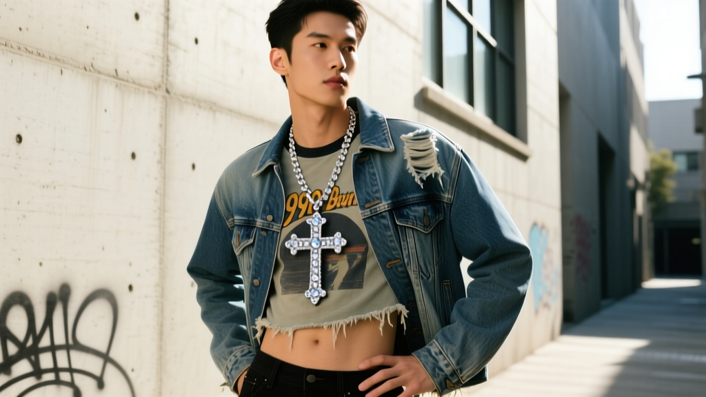 Male model wearing a layered streetwear outfit featuring a large iced-out cross necklace over a vintage graphic tee and denim