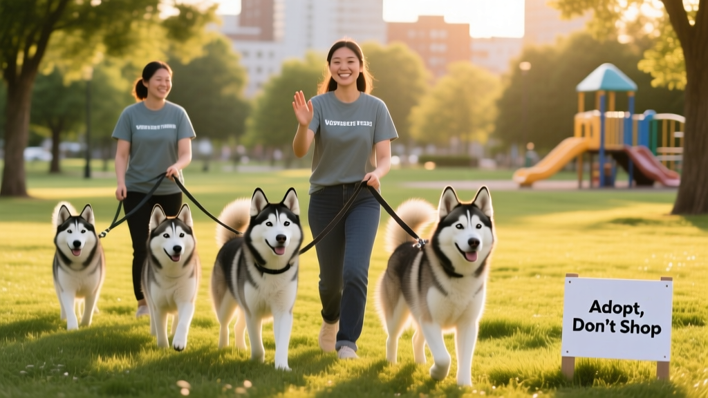 Volunteers walking several well-behaved Siberian Huskies on leashes in a grassy park setting