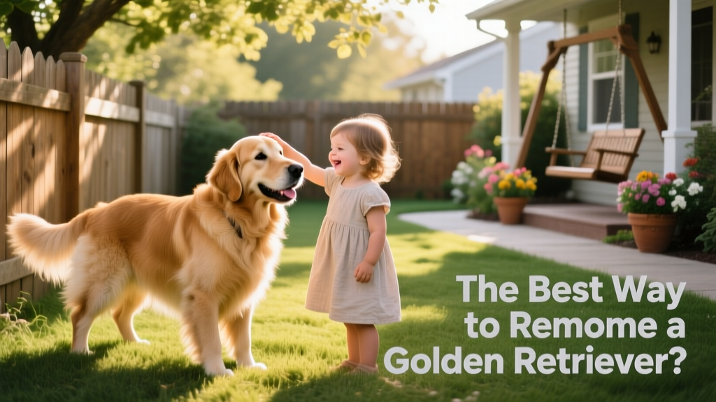 Golden Retriever playing gently with a young child in a fenced backyard