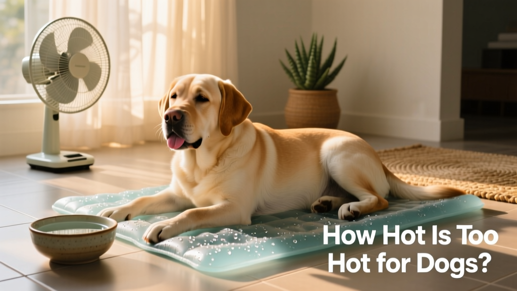 A calm, hydrated dog lying on a cooling mat indoors, with a fan nearby and a bowl of water within reach
