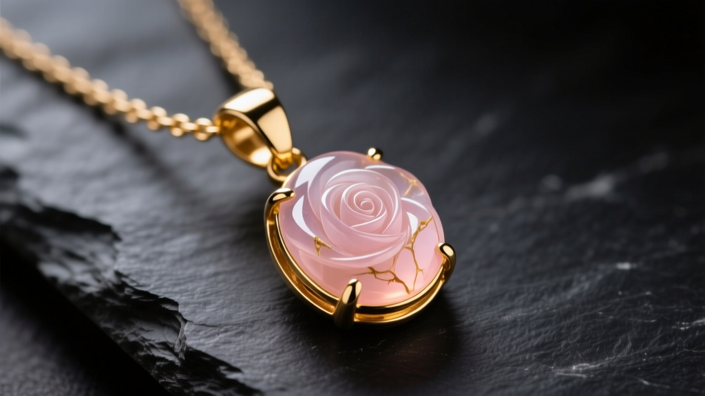 Macro shot of a 14k gold Elisa pendant necklace with rose quartz on dark slate under soft, warm studio lighting