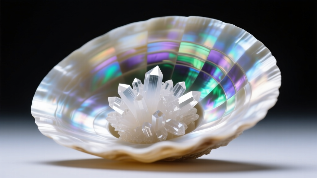 Close-up cross-section photo revealing the layered nacre and prismatic calcite structure of a Pinctada maxima mother of pearl