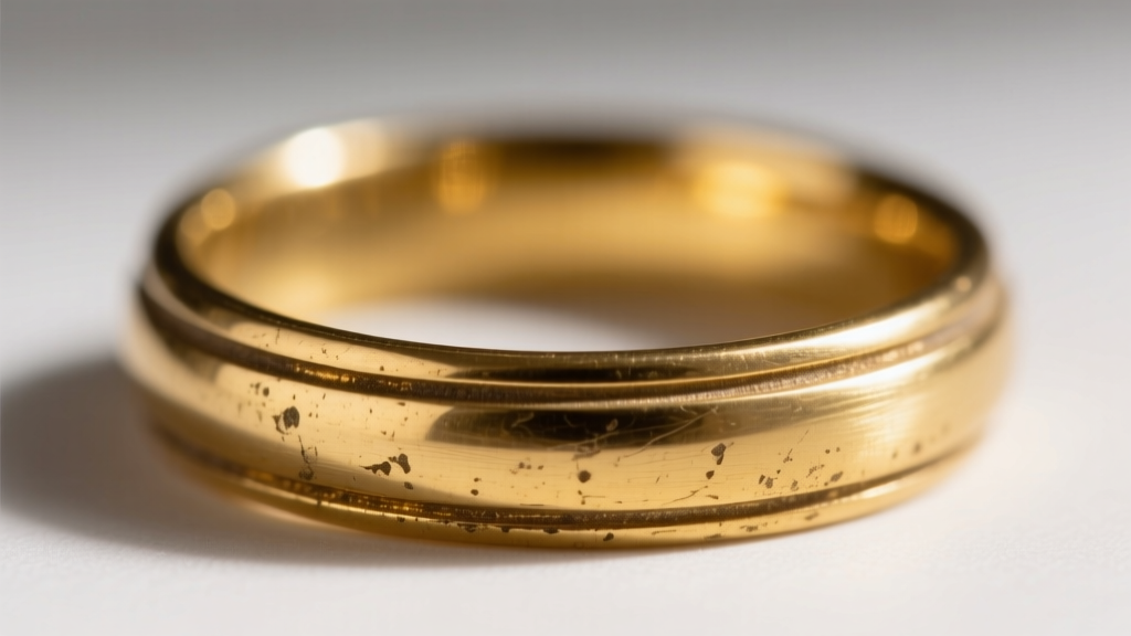 Close-up of a worn gold filled ring showing edge wear where the underlying brass core is slightly exposed near the inner band.