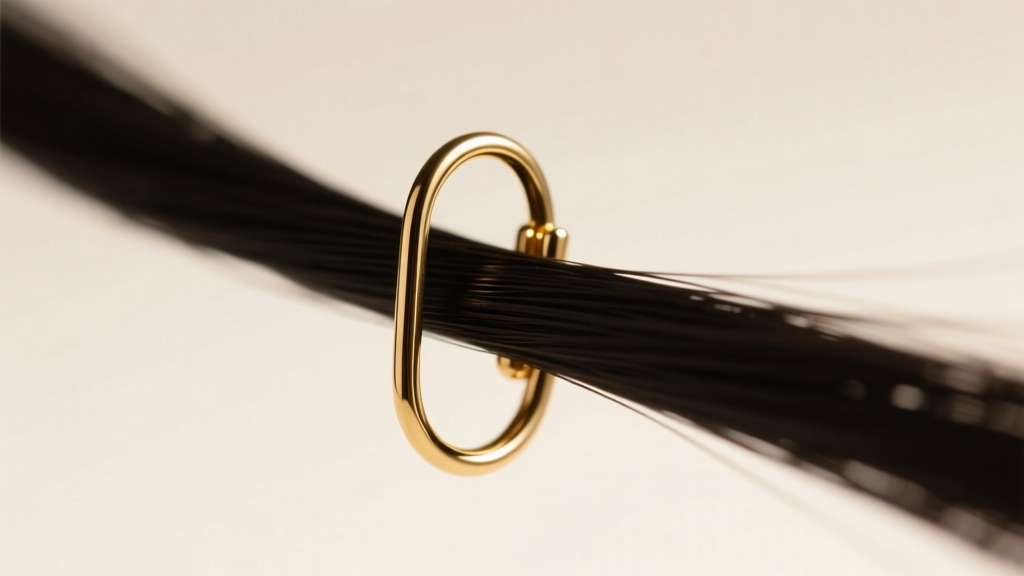 Macro shot of a gold paper clip earring link caught in fine hair, illuminated by soft studio lighting to show the exact snag point.