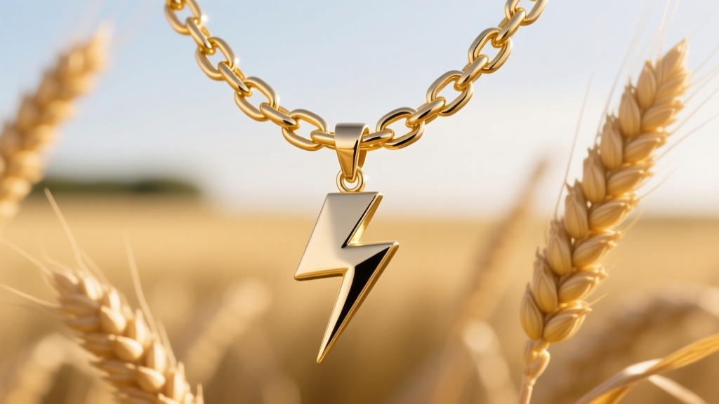 Gold wheat chain threaded through a lightning bolt pendant bail, showing interlocking links and the pendant's natural offset hang.