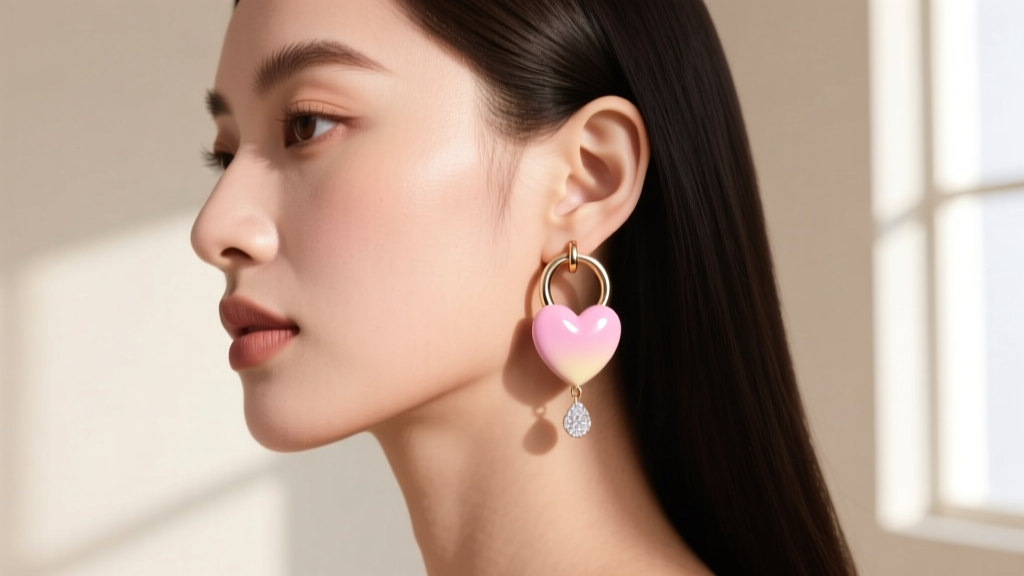 Side profile of a woman wearing an ear stack with a pastel conversation heart huggie on the helix and a larger drop on the lobe