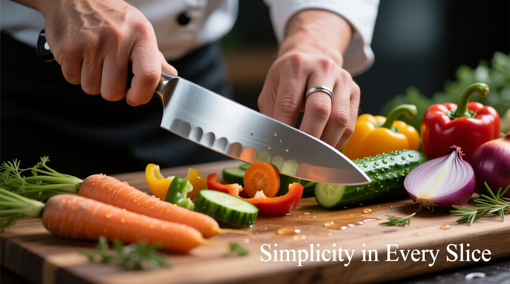 Hand holding chef's knife over fresh vegetables