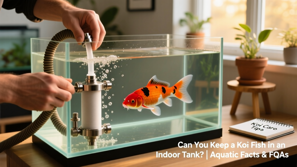 Close-up of hands installing a high-flow canister filter and air stone into a large rectangular aquarium