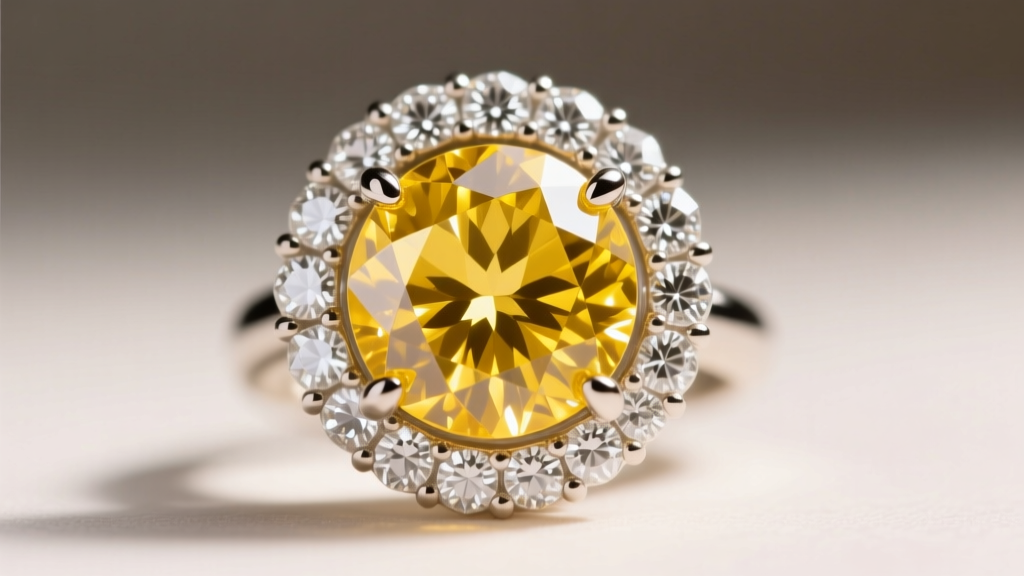Macro shot of a yellow diamond earring halo setting, showing white diamond accents surrounding a central fancy intense yellow gem