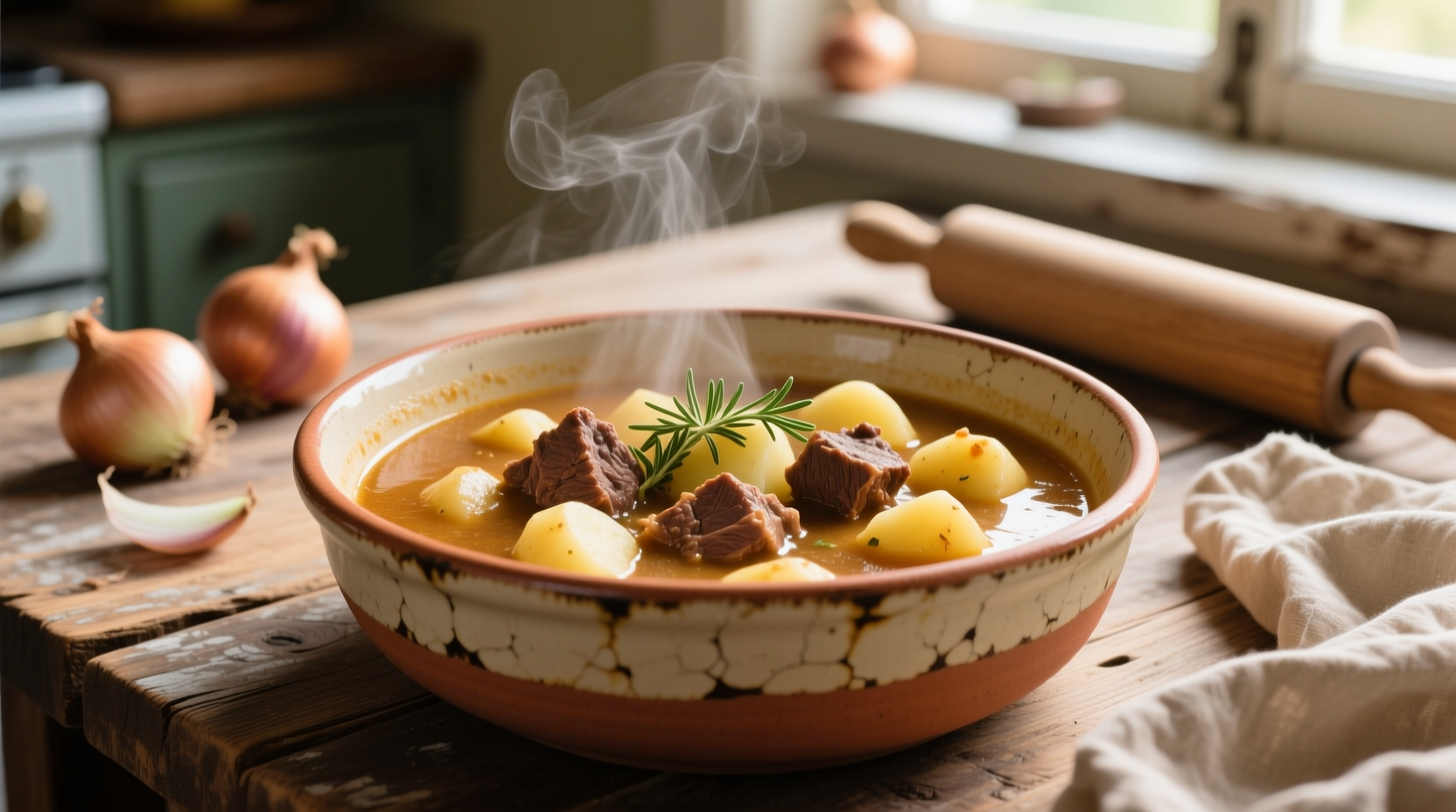 Hearty meat and potato stew in ceramic bowl