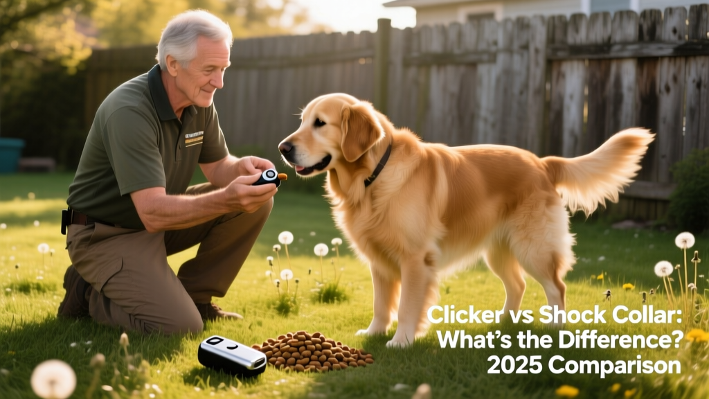 A trainer calmly guiding a dog through a positive reinforcement session using a clicker and treats