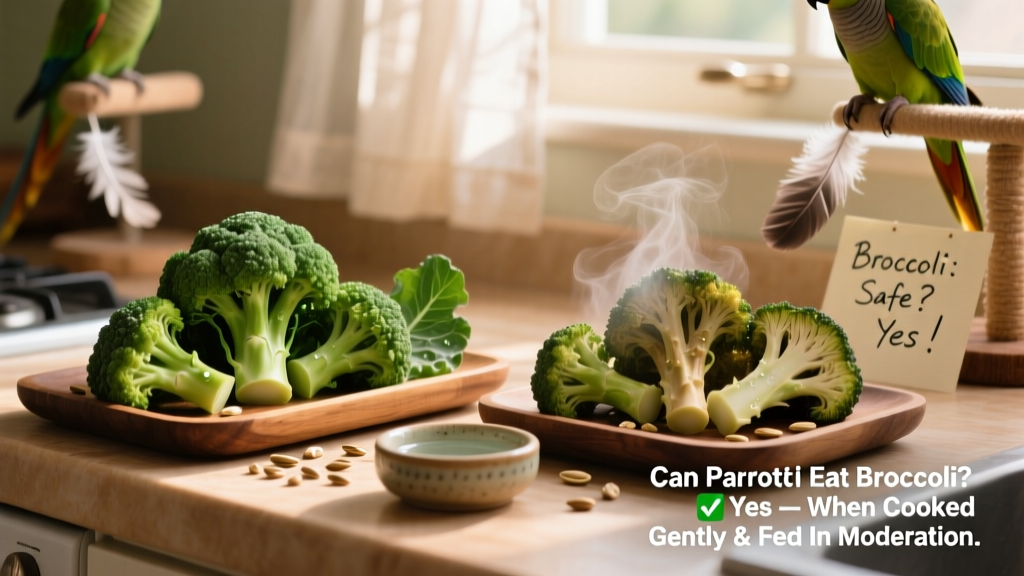Side-by-side comparison: raw broccoli florets and lightly steamed broccoli, both prepared for parrot feeding