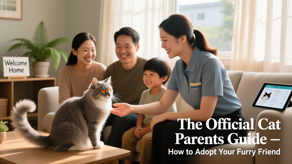 A friendly volunteer introducing a relaxed adult cat to a family in a cozy adoption lounge