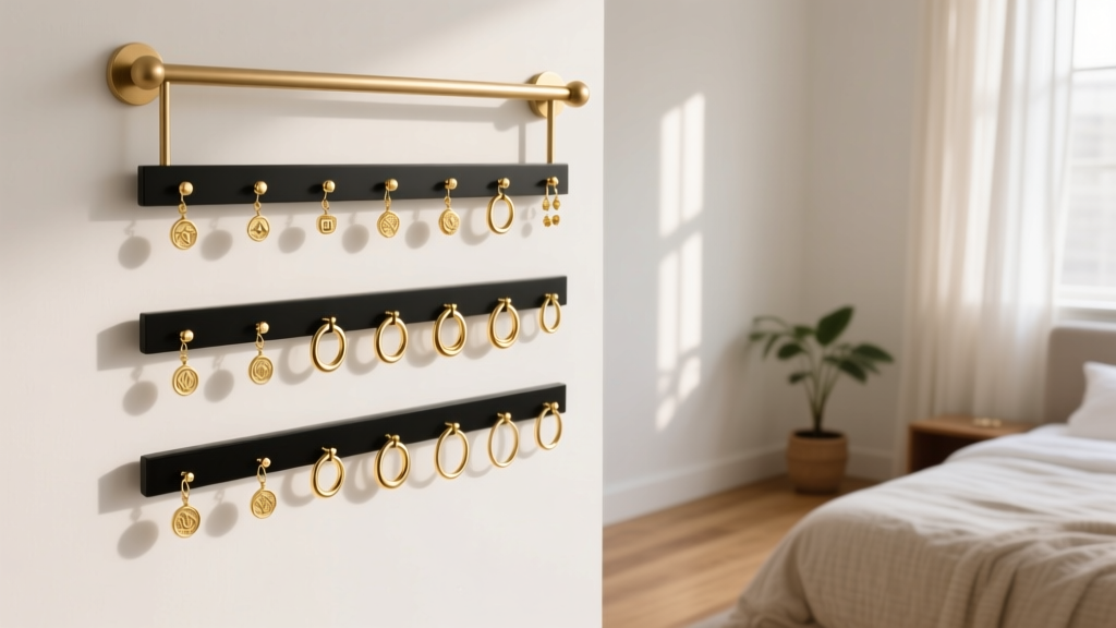 Wall mounted earring holder displaying rows of delicate gold studs, huggies, and small hoops in a bright, modern bedroom setting.