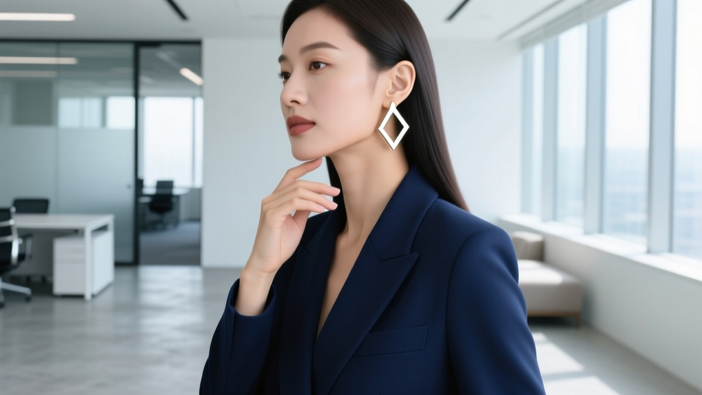 Woman in tailored navy blazer touching her earlobe, showcasing minimalist 14k white gold geometric leverback drops, bright office.